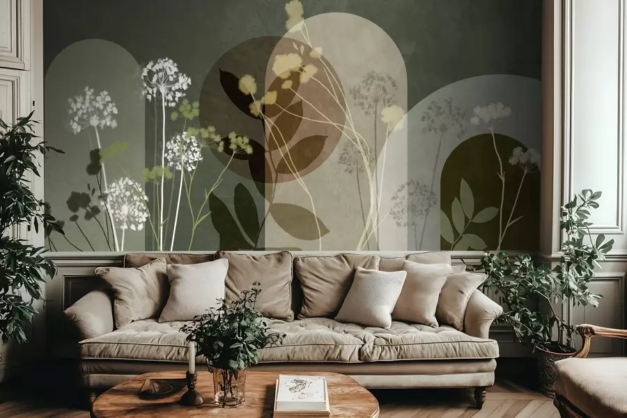 fototapeter En botanisk og minimalistisk komposisjon av tørkede blomster og blader med abstrakt geometri w09906v2
