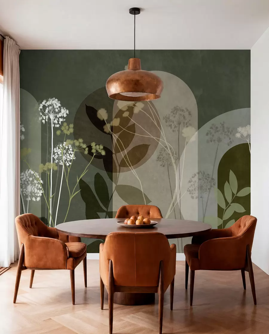 fototapeter En botanisk og minimalistisk komposisjon av tørkede blomster og blader med abstrakt geometri w09906v2