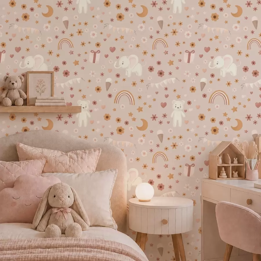 fototapeter Barnemønster med elefant, regnbue og blomster a00433