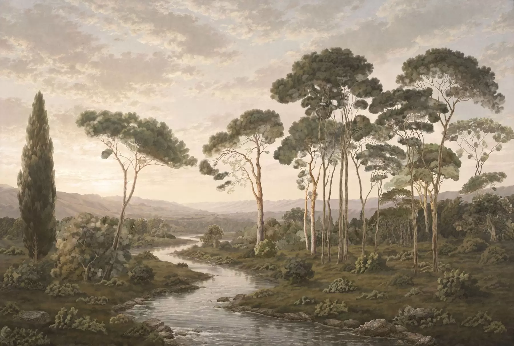fototapeter Landskap med elv, trær og fjell i det fjerne w05696