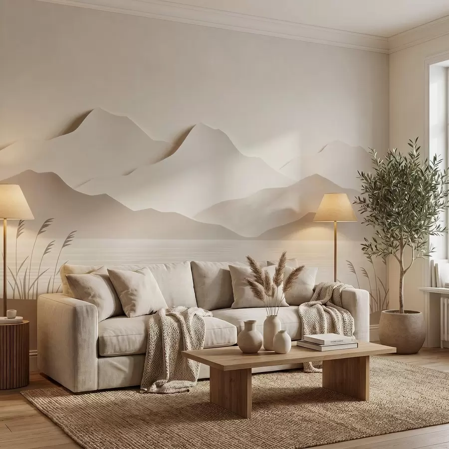 fototapeter Et fjellandskap i flere lag ved en rolig innsjø, i en varm beige fargepalett w09876