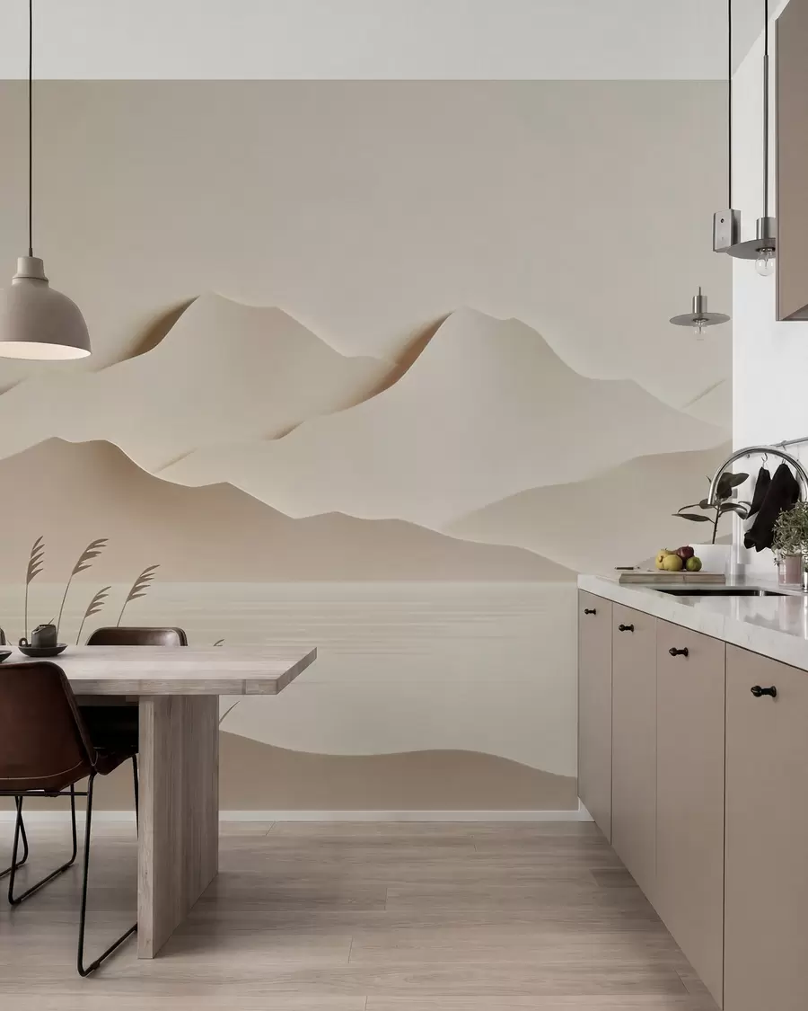fototapeter Et fjellandskap i flere lag ved en rolig innsjø, i en varm beige fargepalett w09876
