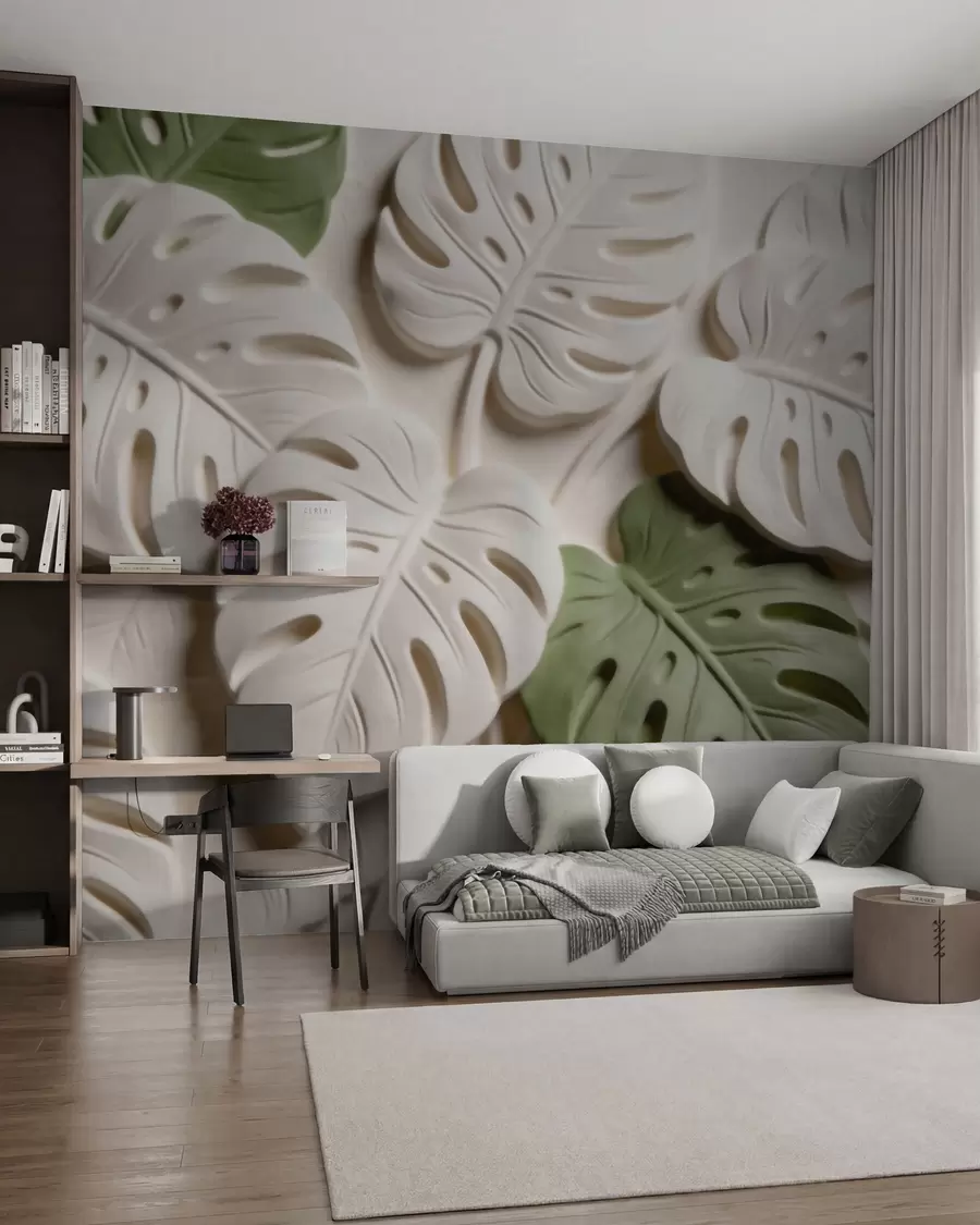 fototapeter Pregede botaniske monstera-blader i krem- og grønnfarger w09883
