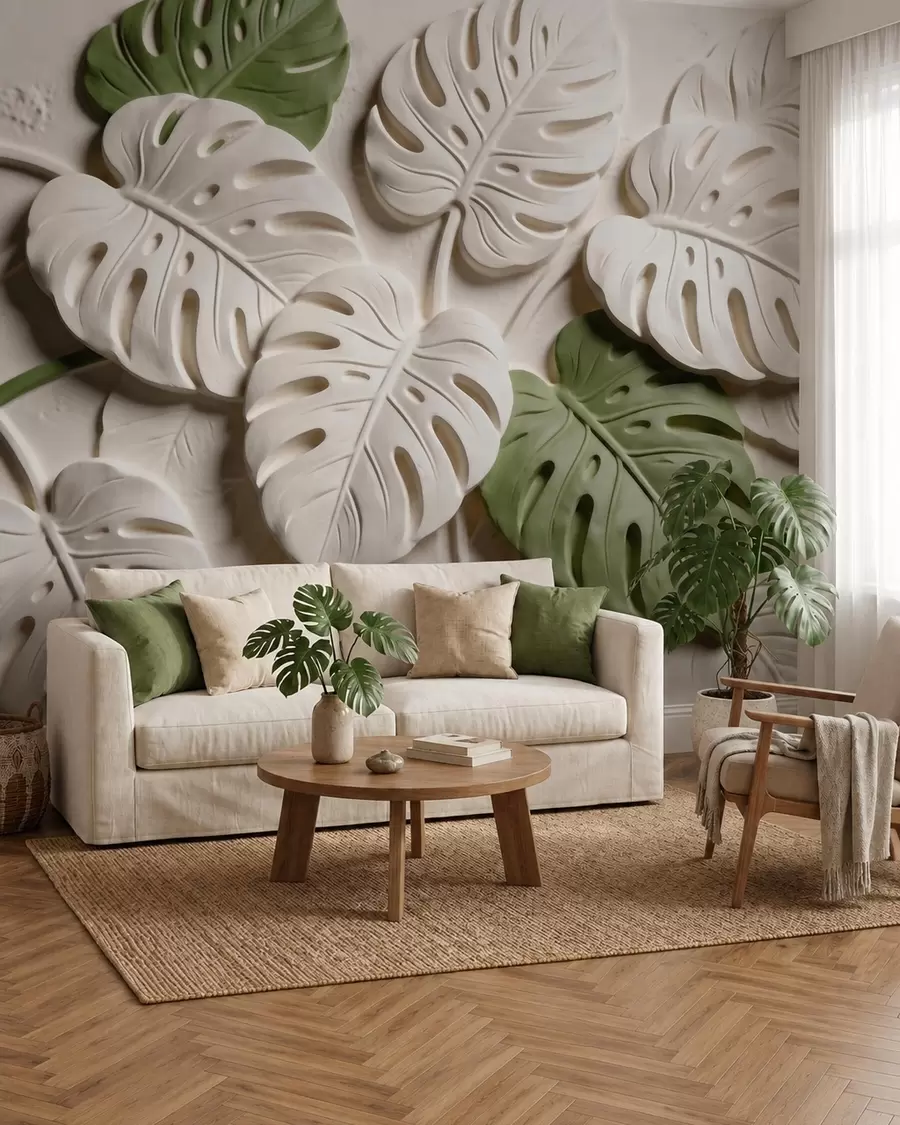 fototapeter Pregede botaniske monstera-blader i krem- og grønnfarger w09883