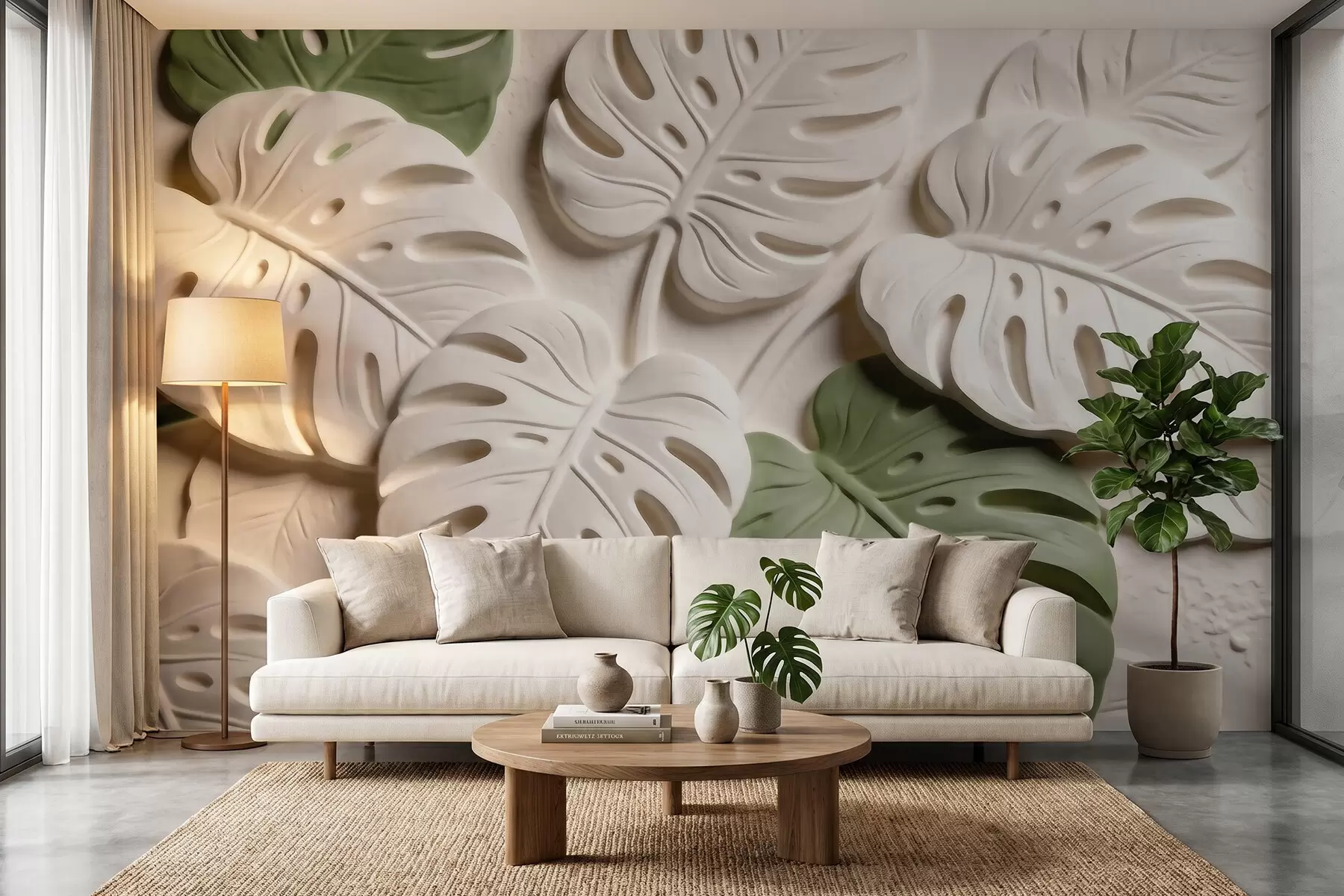 fototapeter Pregede botaniske monstera-blader i krem- og grønnfarger w09883