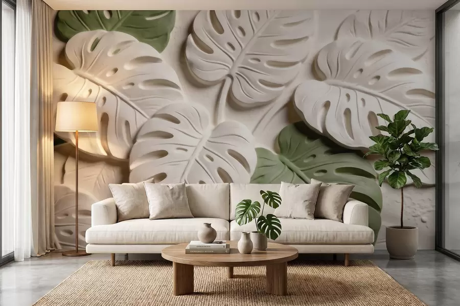 fototapeter Pregede botaniske monstera-blader i krem- og grønnfarger w09883