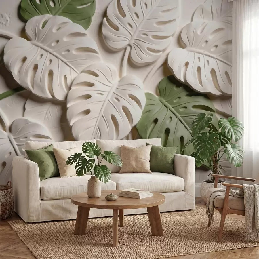 fototapeter Pregede botaniske monstera-blader i krem- og grønnfarger w09883