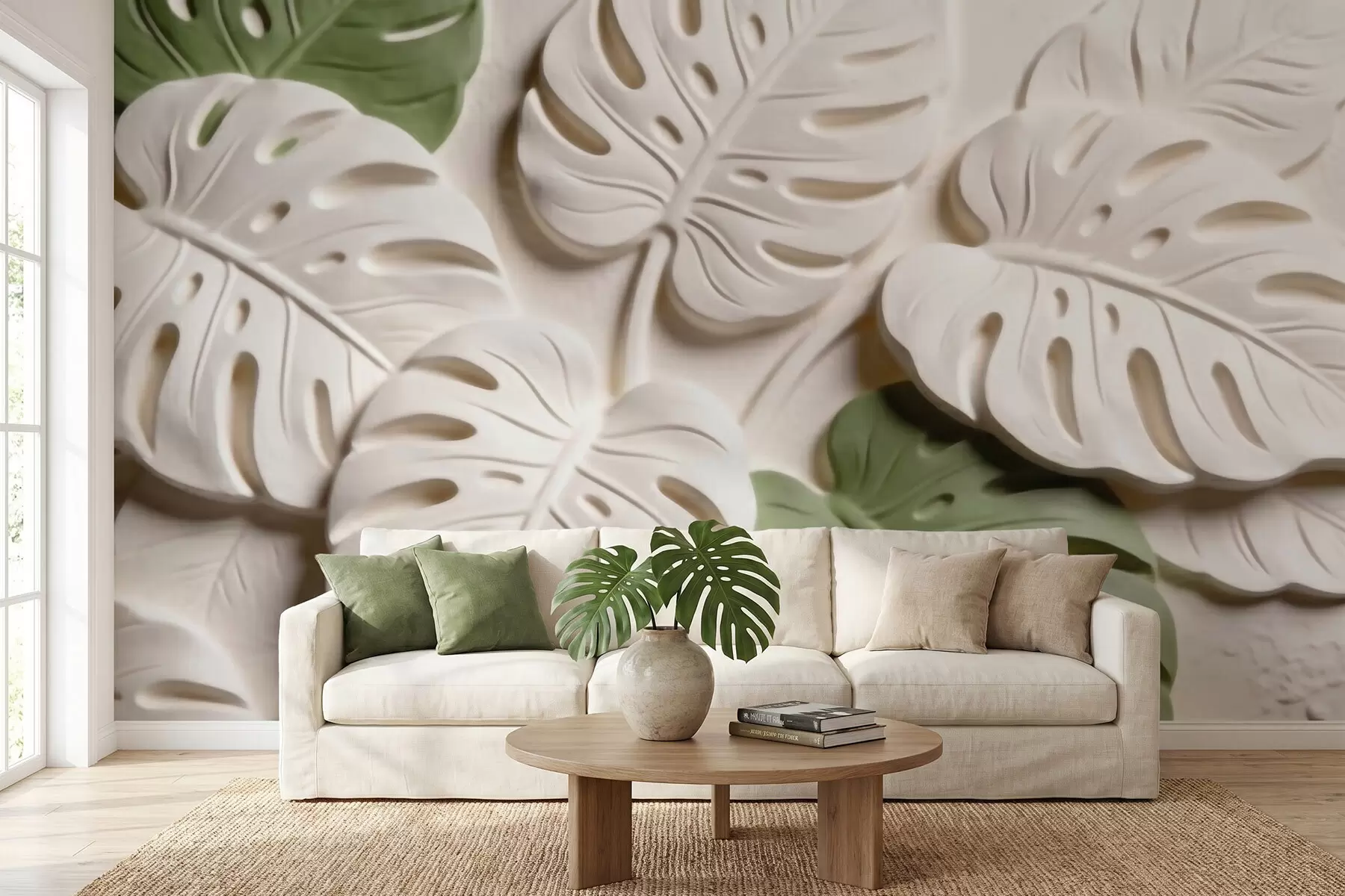 fototapeter Pregede botaniske monstera-blader i krem- og grønnfarger w09883