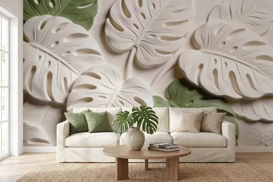 fototapeter Pregede botaniske monstera-blader i krem- og grønnfarger w09883