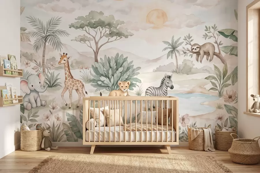 fototapeter Akvarellmaleri av en safariscene med dyr i delikate pastellfarger, med en giraff, en elefantunge, en sebra og en løveunge w09888