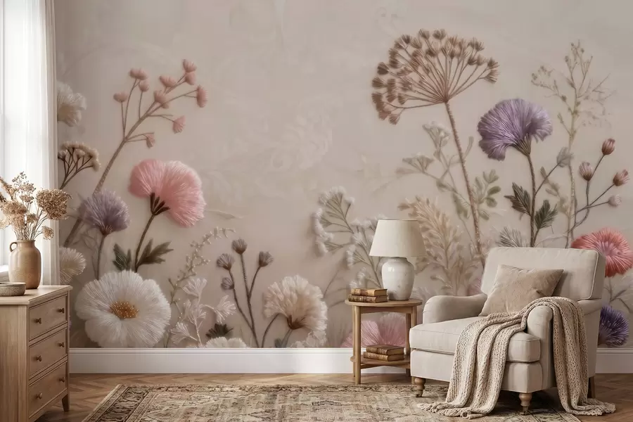 fototapeter Tredimensjonale villblomster med en håndlaget broderieffekt i pastellfarger w09874
