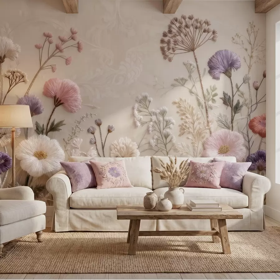 fototapeter Tredimensjonale villblomster med en håndlaget broderieffekt i pastellfarger w09874