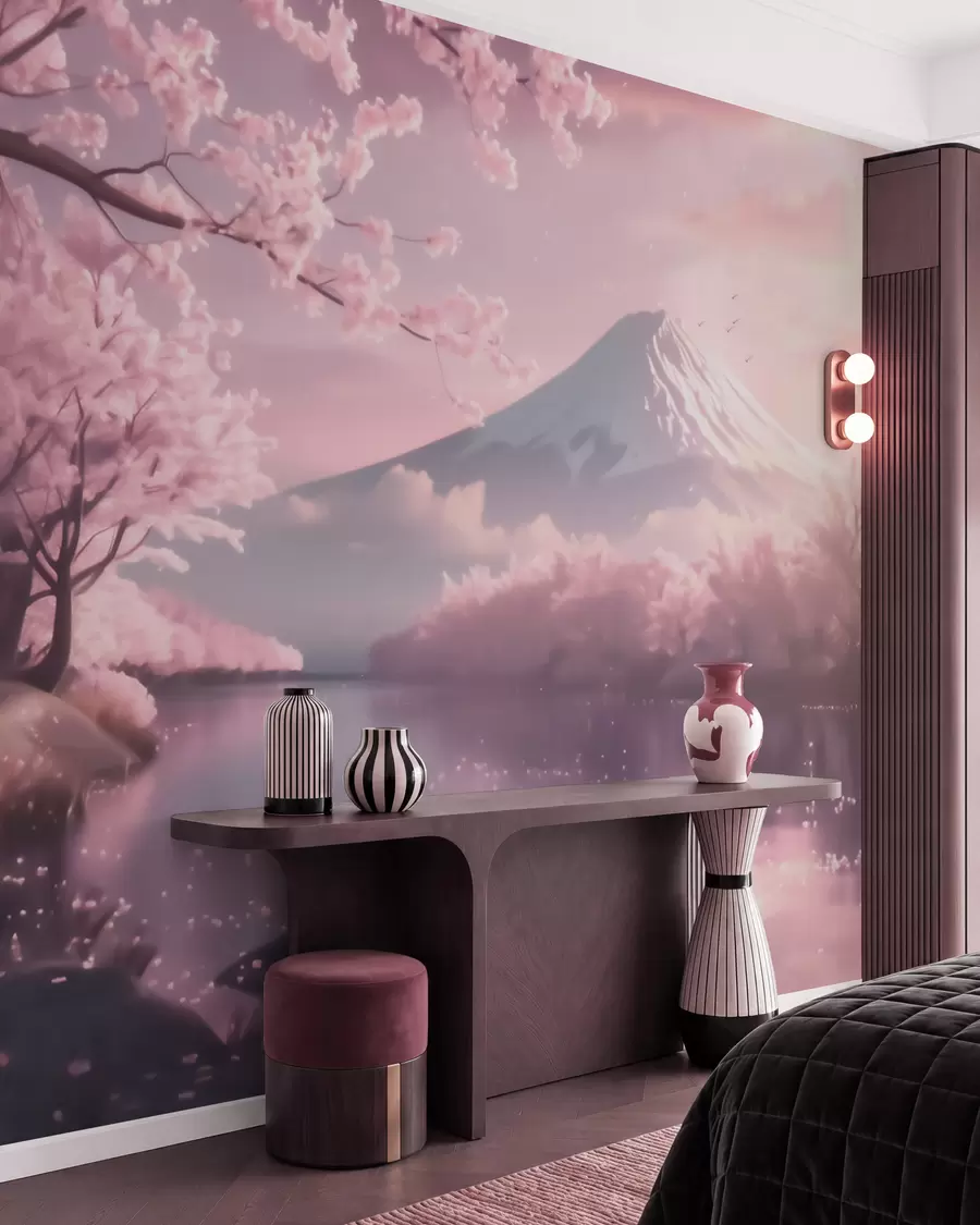 fototapeter Et fredfullt japansk landskap med kirsebærblomster og en fjellvann ved soloppgang w09864