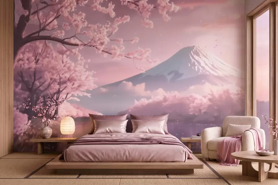 fototapeter Et fredfullt japansk landskap med kirsebærblomster og en fjellvann ved soloppgang w09864