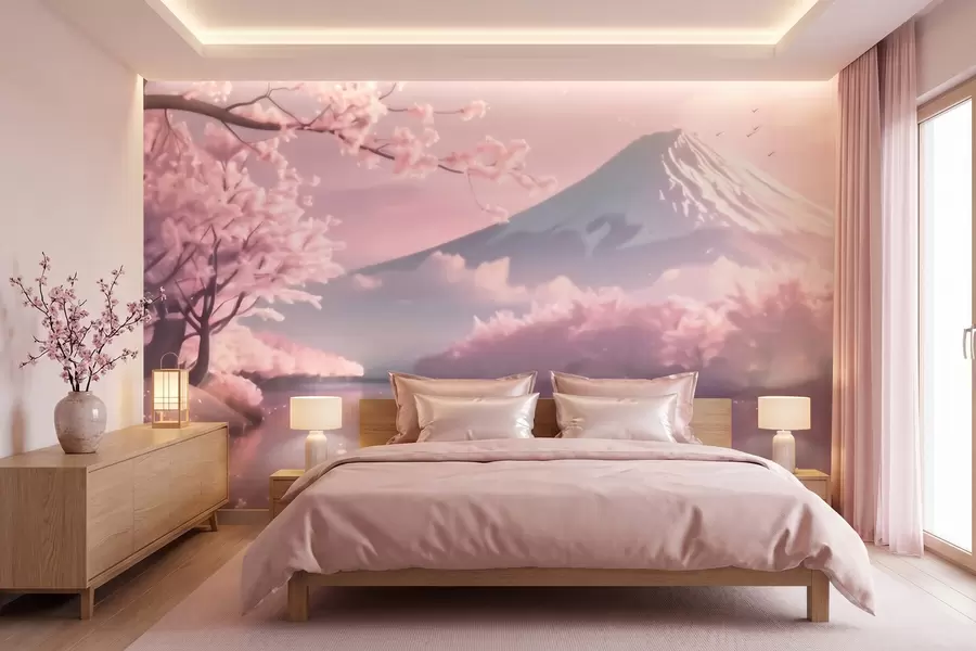 fototapeter Et fredfullt japansk landskap med kirsebærblomster og en fjellvann ved soloppgang w09864