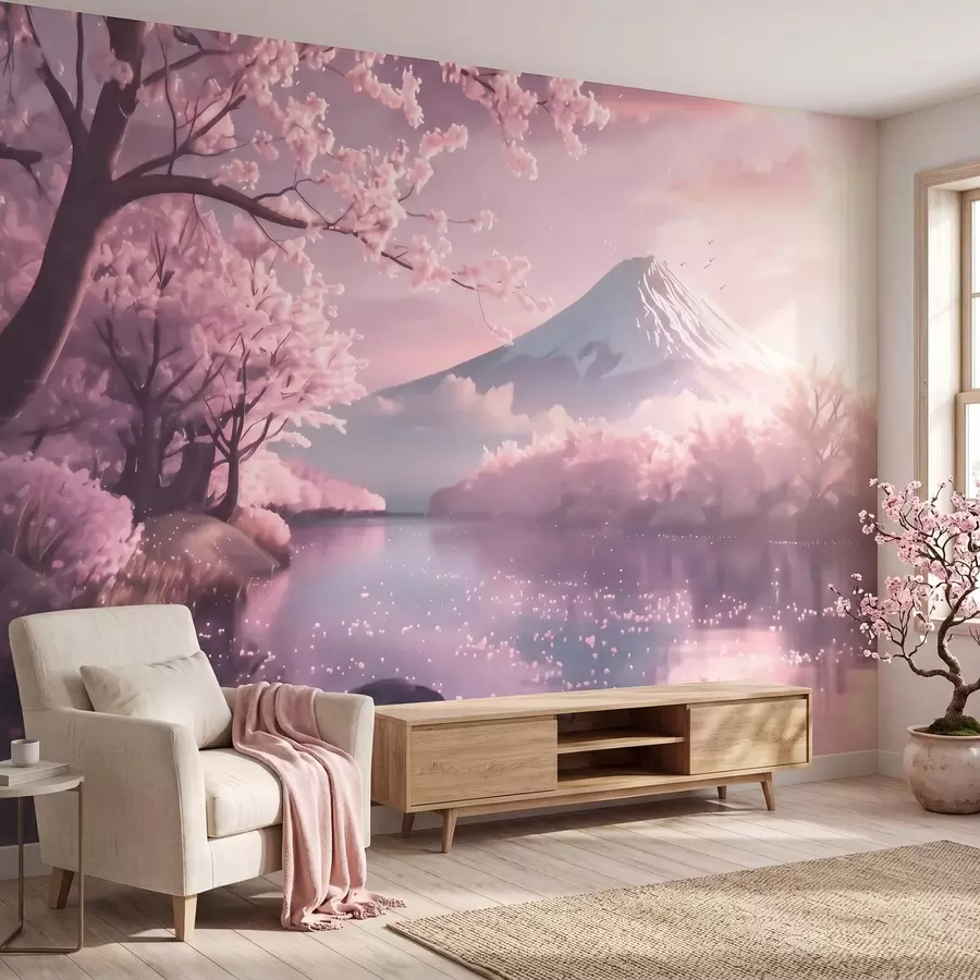 fototapeter Et fredfullt japansk landskap med kirsebærblomster og en fjellvann ved soloppgang w09864