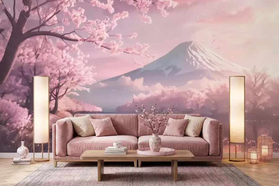 fototapeter Et fredfullt japansk landskap med kirsebærblomster og en fjellvann ved soloppgang w09864
