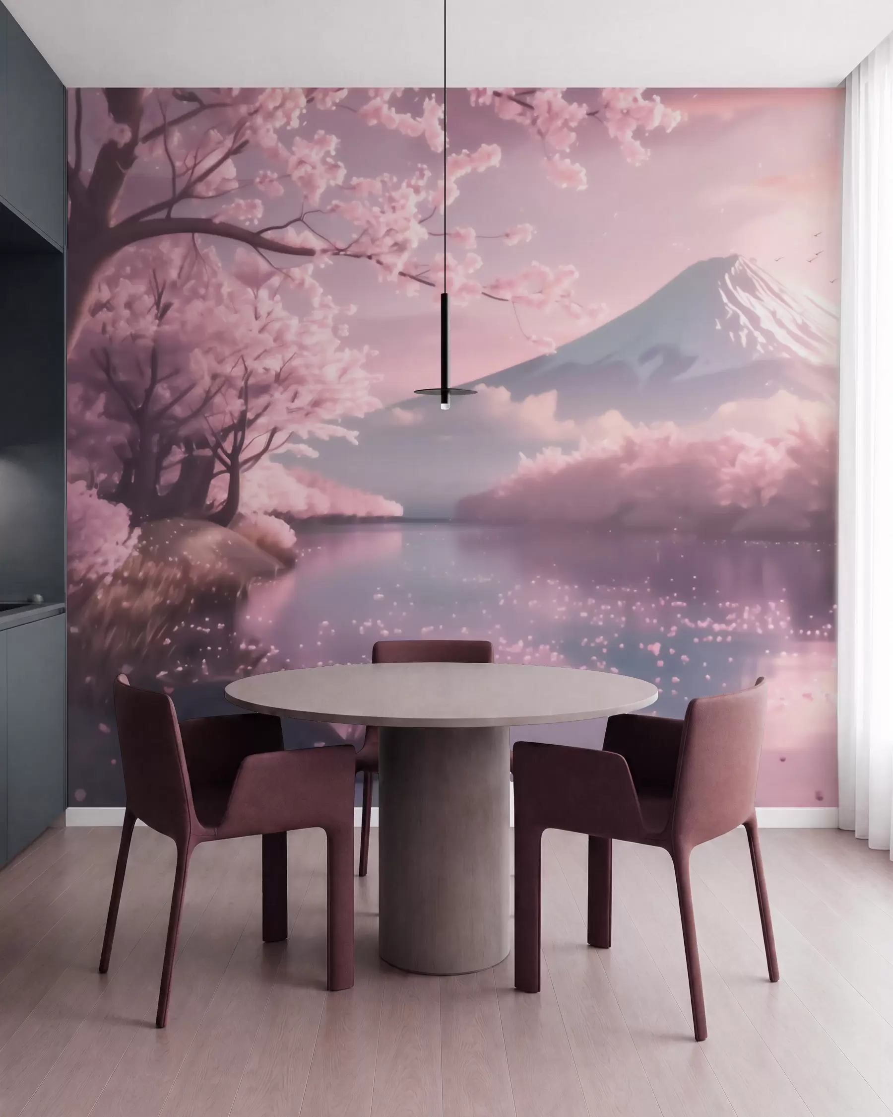 fototapeter Et fredfullt japansk landskap med kirsebærblomster og en fjellvann ved soloppgang w09864