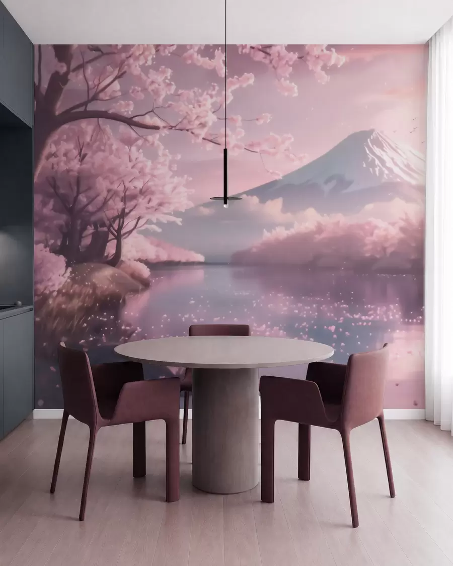 fototapeter Et fredfullt japansk landskap med kirsebærblomster og en fjellvann ved soloppgang w09864