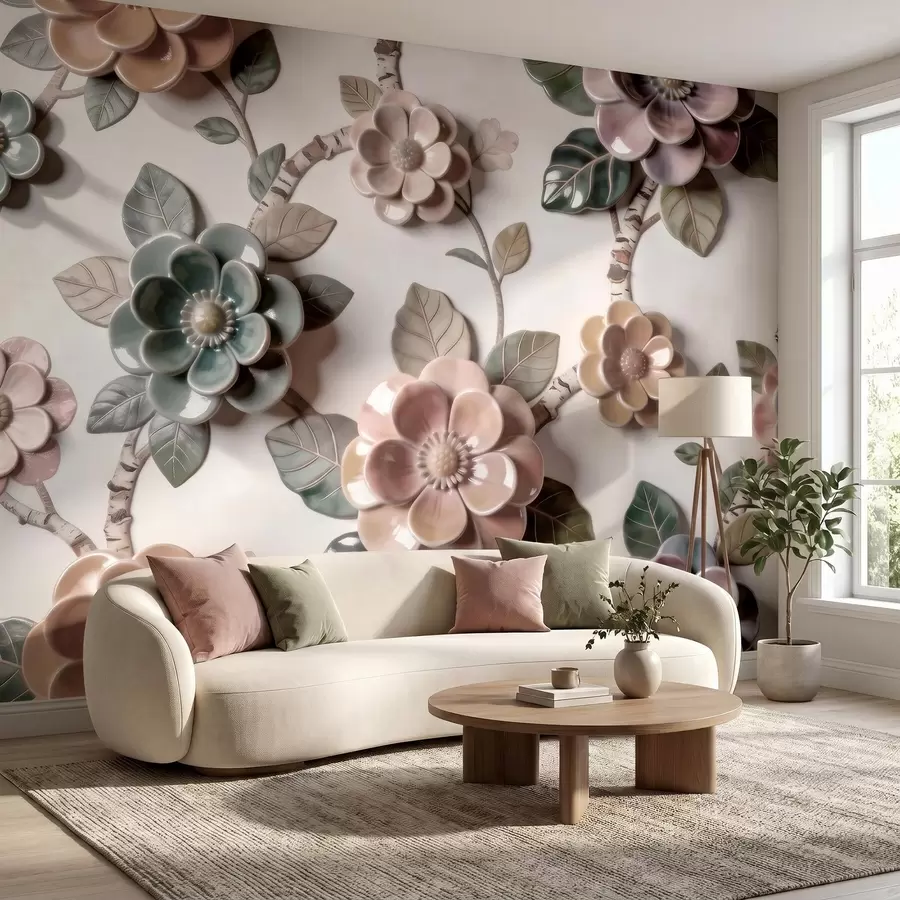 fototapeter Tredimensjonale keramiske blomster i en myk pastellfargepalett w09887