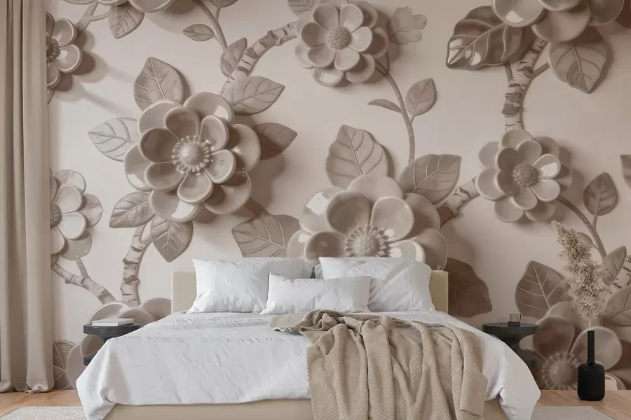 fototapeter Et elegant beige arrangement av skulpturelle, tredimensjonale blomster w09887v1