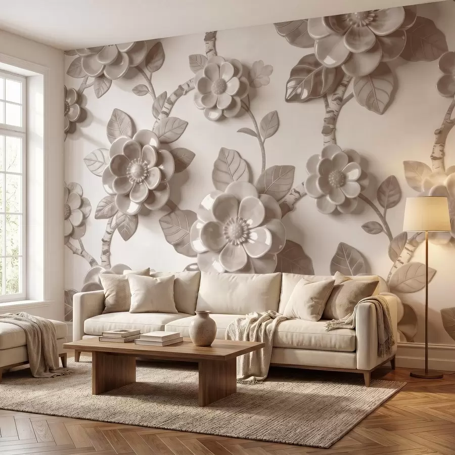 fototapeter Et elegant beige arrangement av skulpturelle, tredimensjonale blomster w09887v1