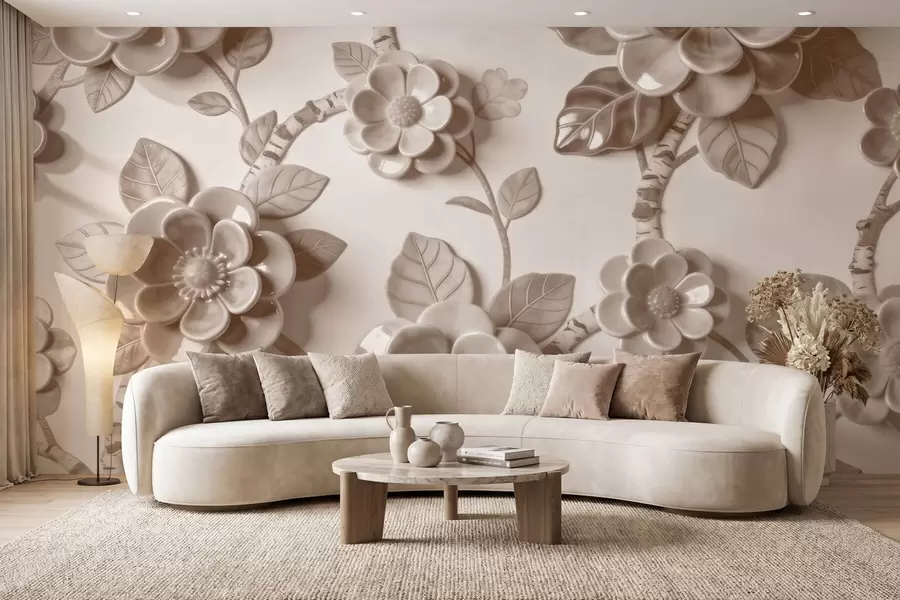 fototapeter Et elegant beige arrangement av skulpturelle, tredimensjonale blomster w09887v1
