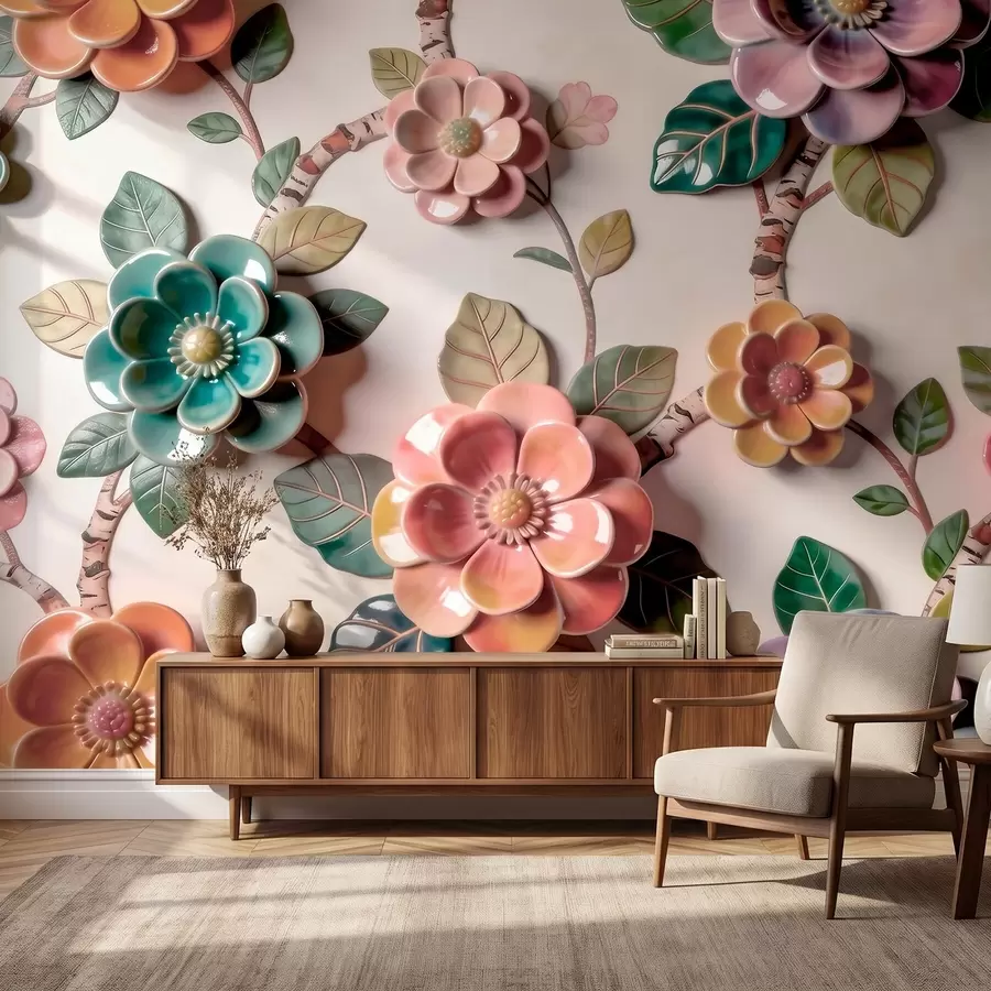 fototapeter Tredimensjonale keramiske blomster og blader i en levende fargepalett w09887v2