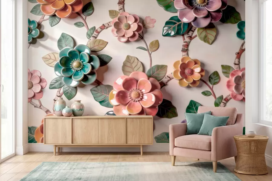 fototapeter Tredimensjonale keramiske blomster og blader i en levende fargepalett w09887v2