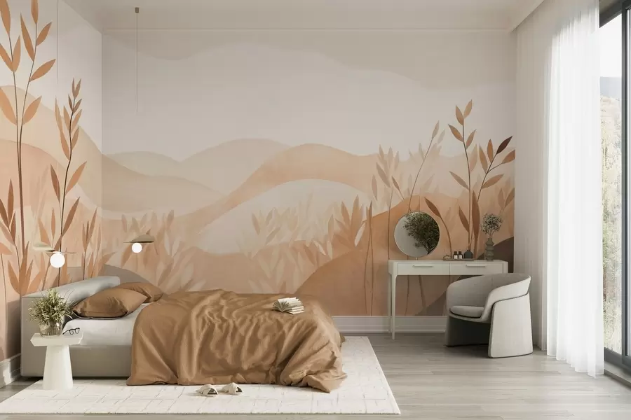 fototapeter Abstrakt landskapsmaleri med bølgende åser i brune og beige nyanser, teksturert kunstverk w09617