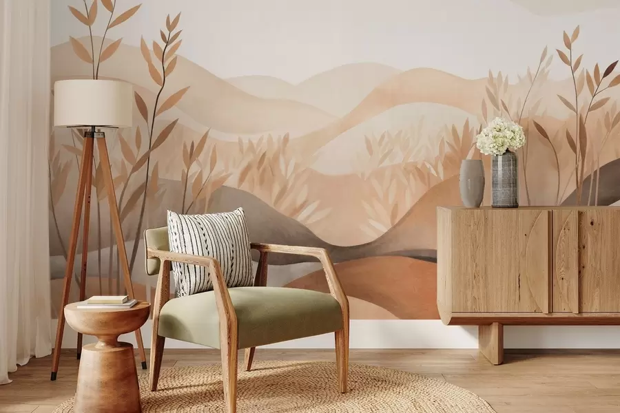 fototapeter Abstrakt landskapsmaleri med bølgende åser i brune og beige nyanser, teksturert kunstverk w09617