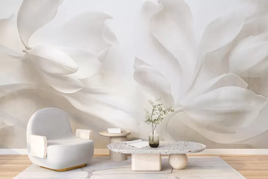 fototapeter Hvite magnoliablomster med struktur og delikate kronblader, mot en uskarp, lys bakgrunn w09771