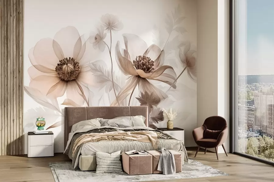 fototapeter Store, gjennomskinnelige blomster i sepiafarger, med delikate kronblader, fjærlignende blader og mindre blomster w09900