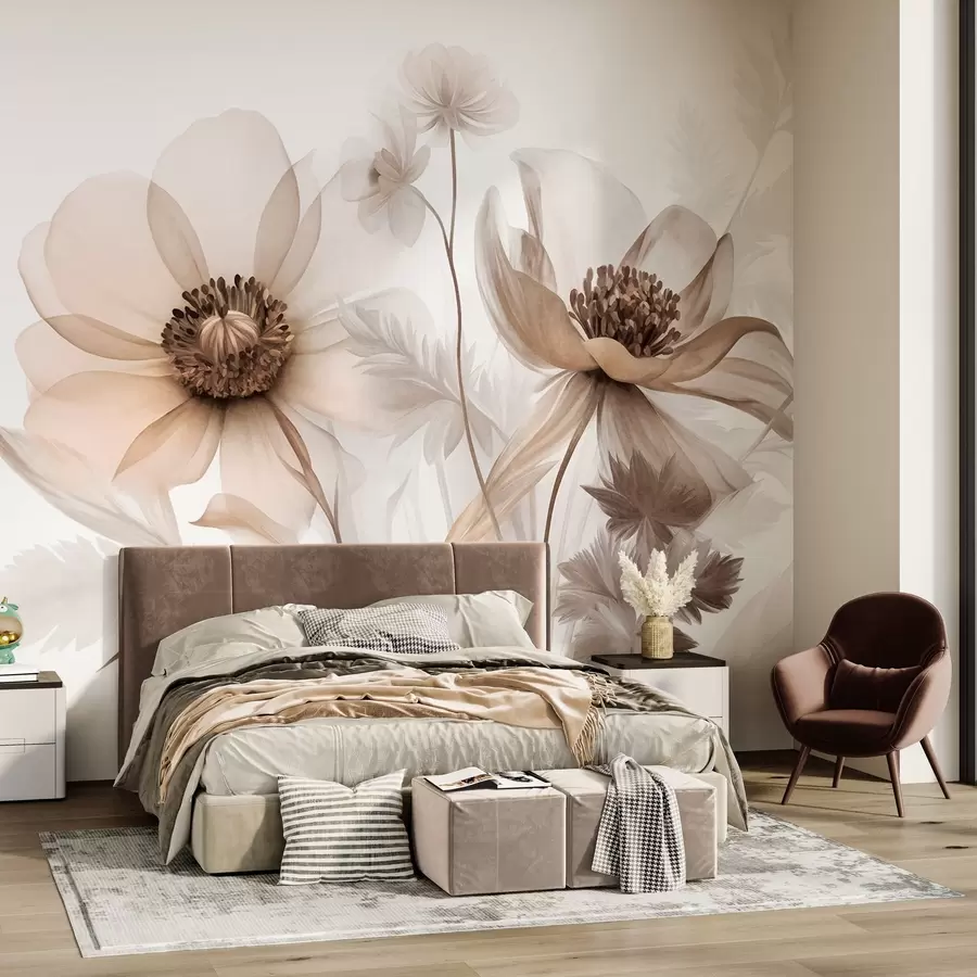 fototapeter Store, gjennomskinnelige blomster i sepiafarger, med delikate kronblader, fjærlignende blader og mindre blomster w09900