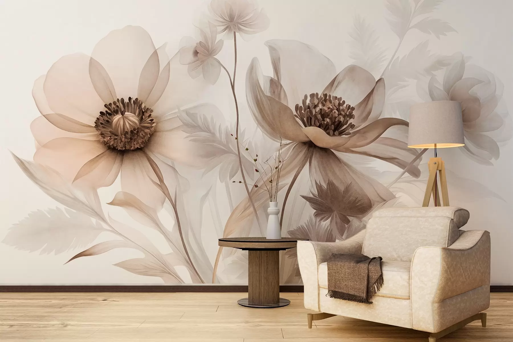 fototapeter Store, gjennomskinnelige blomster i sepiafarger, med delikate kronblader, fjærlignende blader og mindre blomster w09900