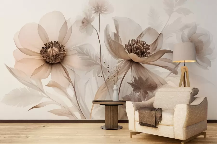 fototapeter Store, gjennomskinnelige blomster i sepiafarger, med delikate kronblader, fjærlignende blader og mindre blomster w09900
