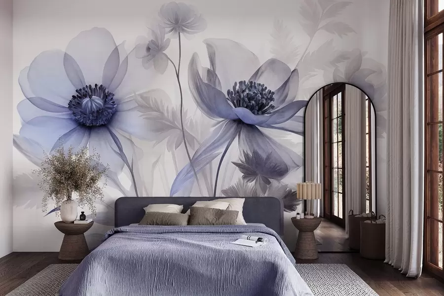 fototapeter Store, gjennomskinnelige blomster i blå nyanser, med delikate kronblader, fjærlignende blader og mindre blomster w09900v1