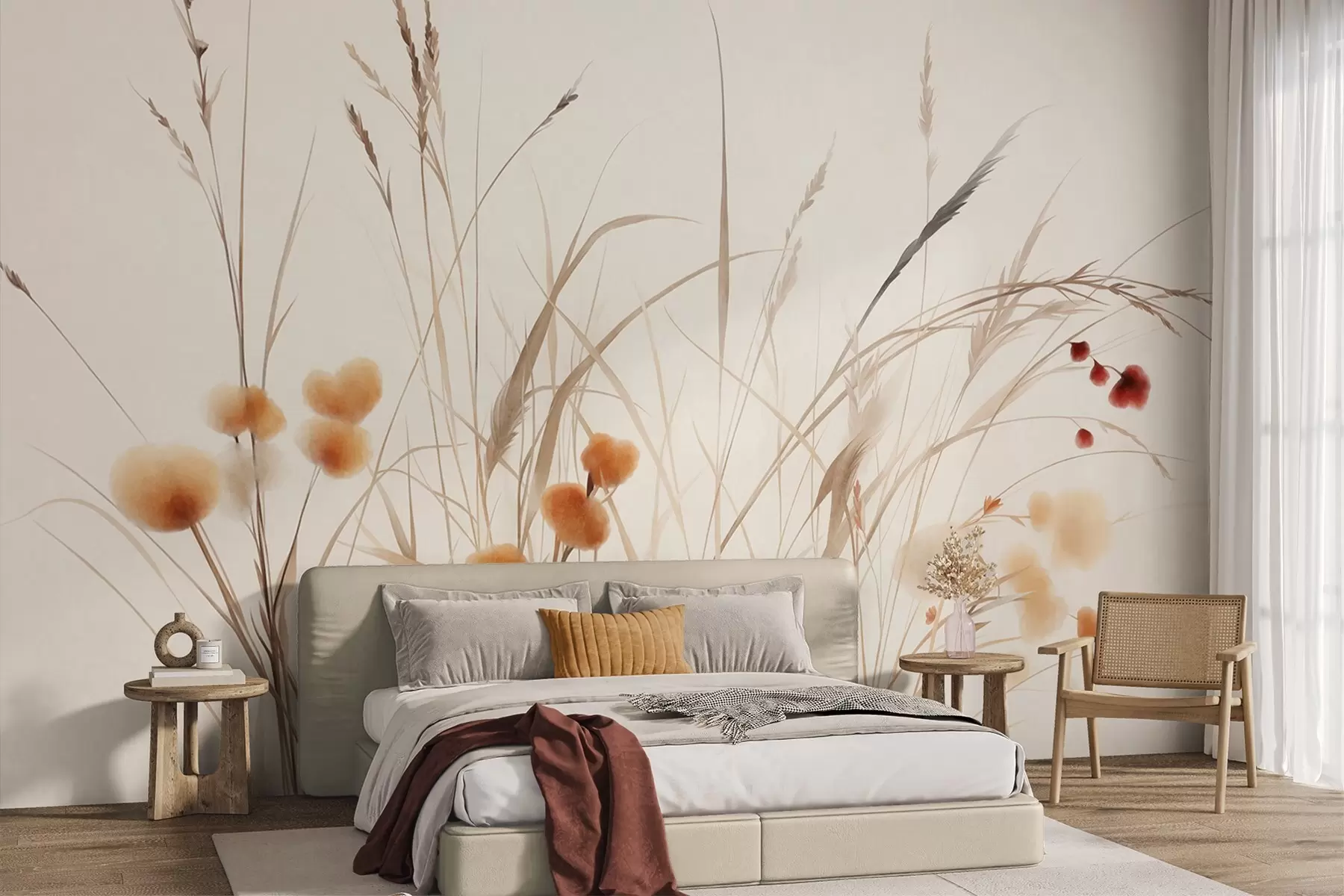 fototapeter Høyt gress og små oransje villblomster mot en lys bakgrunn, i en strukturert boho-stil w09902