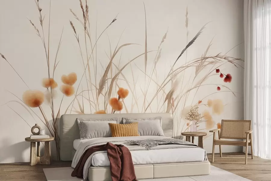 fototapeter Høyt gress og små oransje villblomster mot en lys bakgrunn, i en strukturert boho-stil w09902