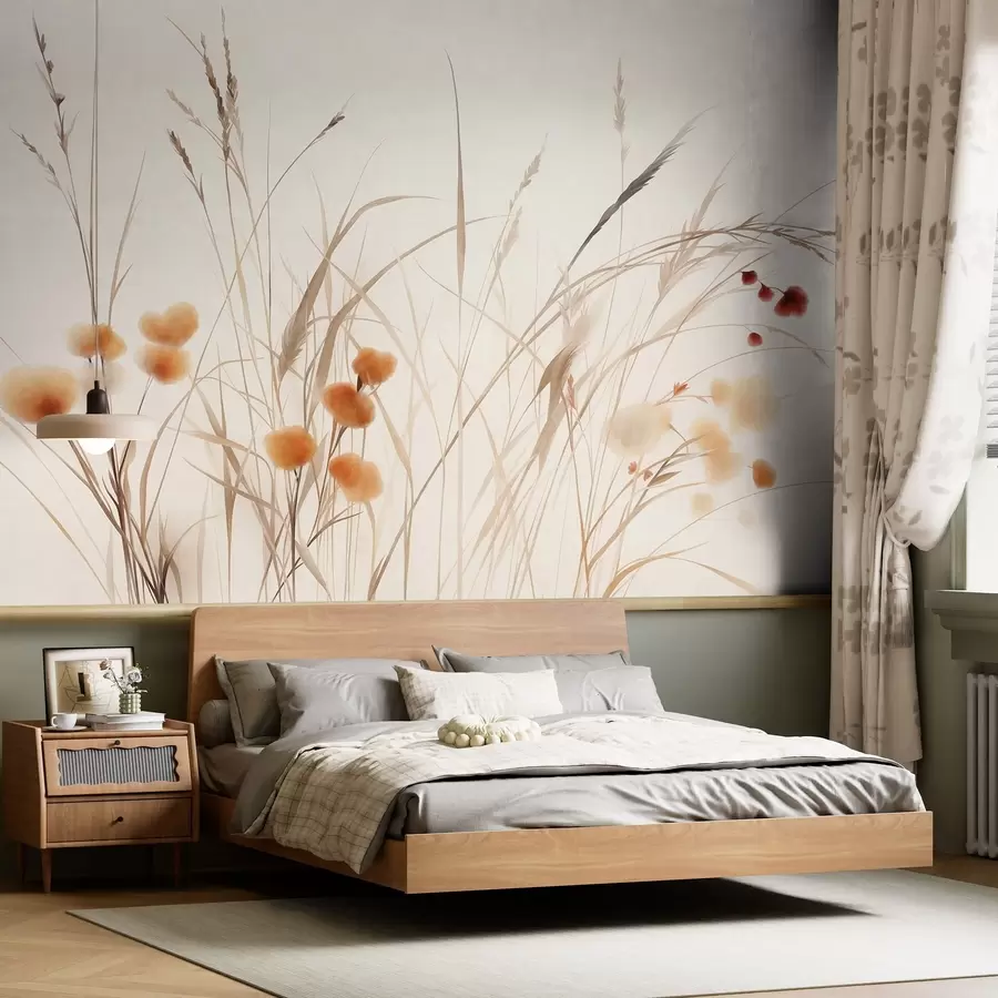 fototapeter Høyt gress og små oransje villblomster mot en lys bakgrunn, i en strukturert boho-stil w09902