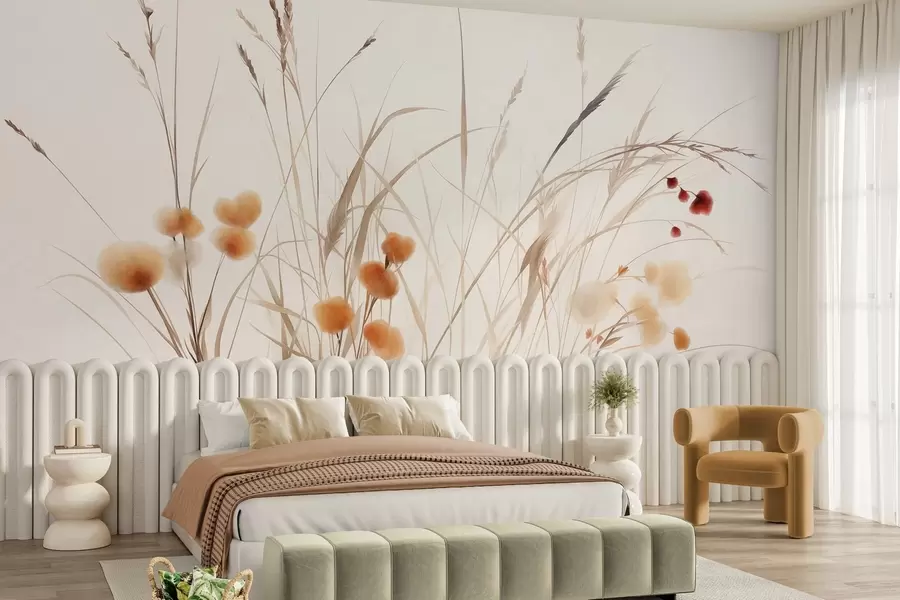 fototapeter Høyt gress og små oransje villblomster mot en lys bakgrunn, i en strukturert boho-stil w09902