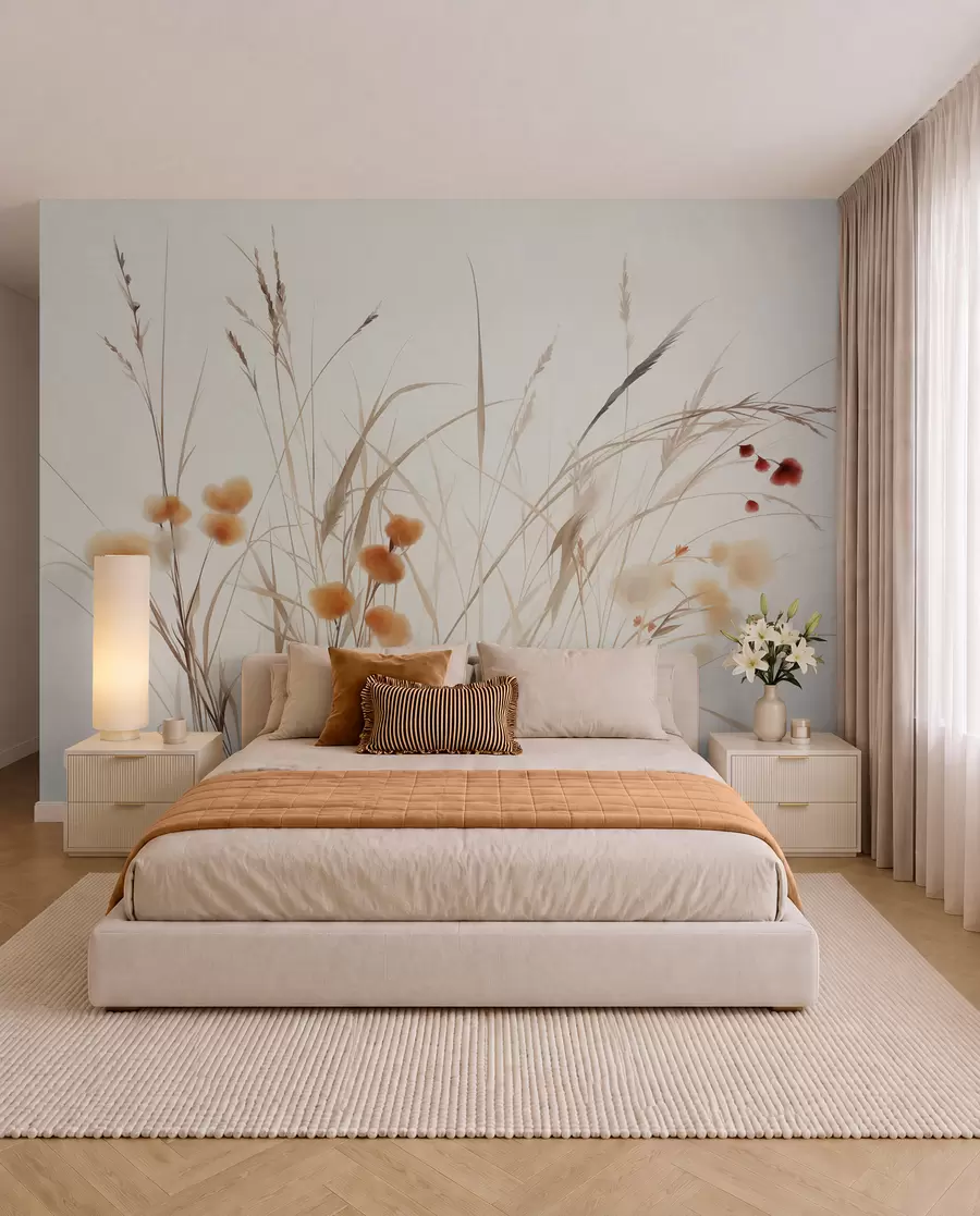 fototapeter Høyt gress og små oransje villblomster mot en lys bakgrunn, i en strukturert boho-stil w09902