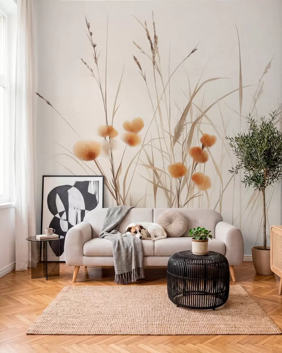 fototapeter Høyt gress og små oransje villblomster mot en lys bakgrunn, i en strukturert boho-stil w09902