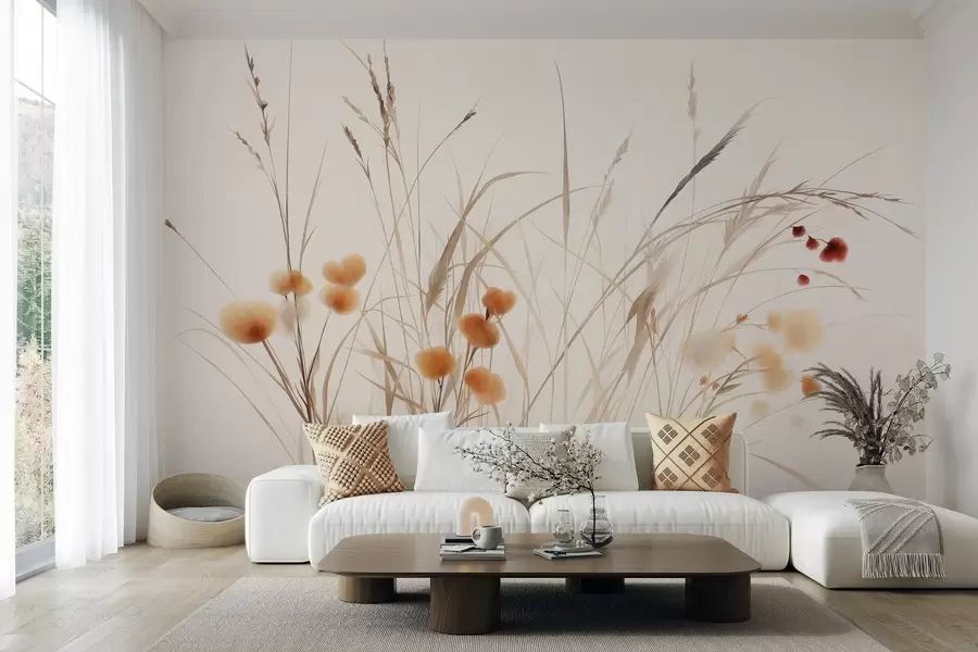 fototapeter Høyt gress og små oransje villblomster mot en lys bakgrunn, i en strukturert boho-stil w09902