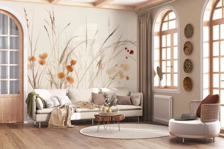 fototapeter Høyt gress og små oransje villblomster mot en lys bakgrunn, i en strukturert boho-stil w09902