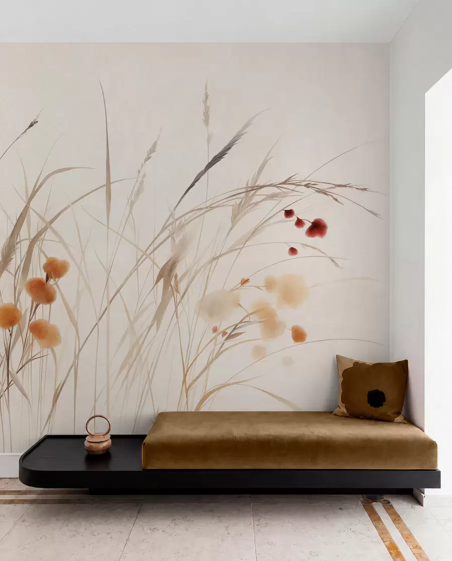 fototapeter Høyt gress og små oransje villblomster mot en lys bakgrunn, i en strukturert boho-stil w09902