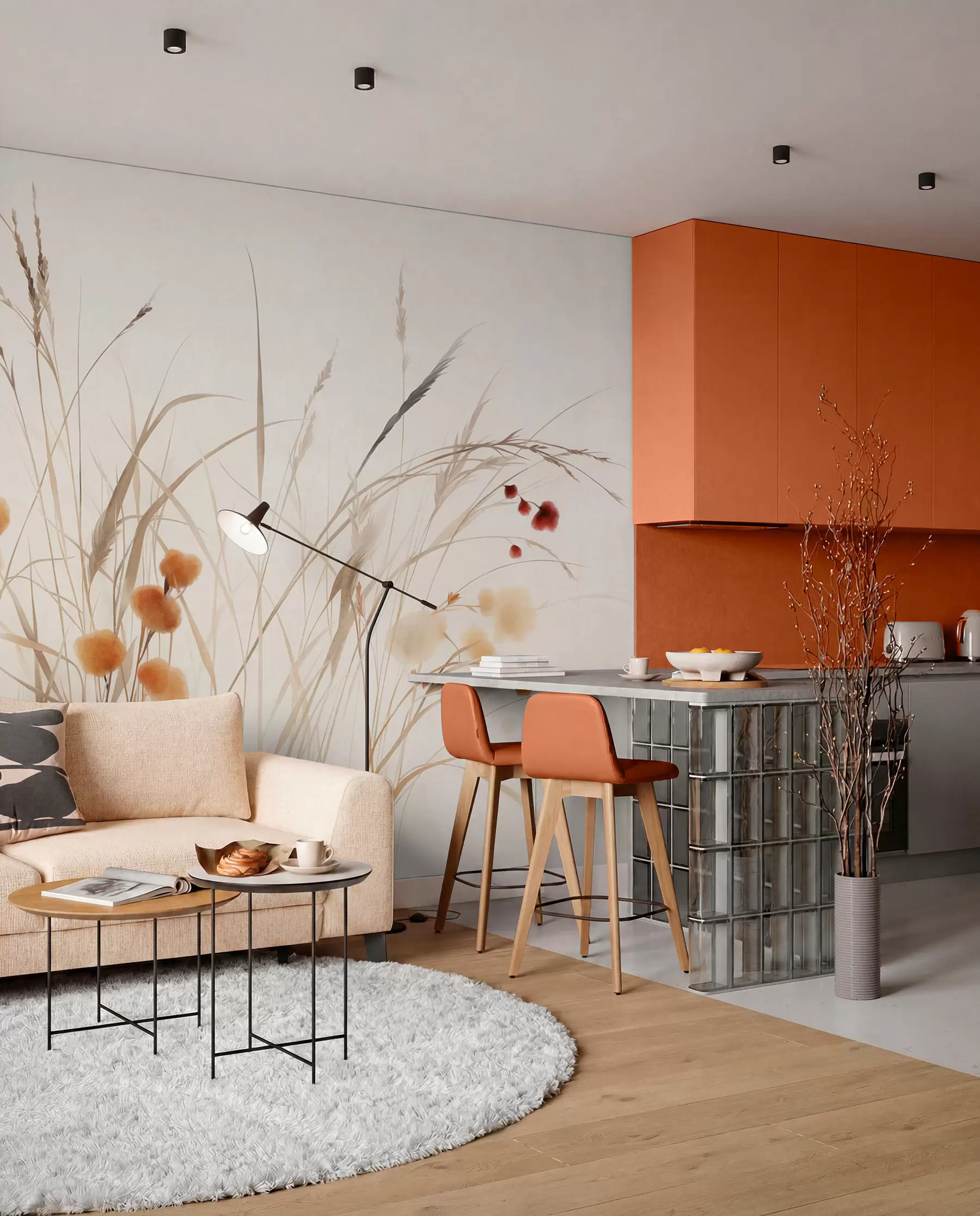 fototapeter Høyt gress og små oransje villblomster mot en lys bakgrunn, i en strukturert boho-stil w09902
