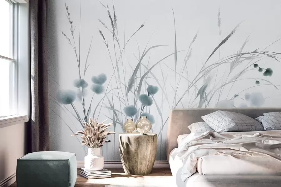 fototapeter Høyt gress og små blå villblomster mot en lys bakgrunn, i en strukturert boho-stil w09902v1