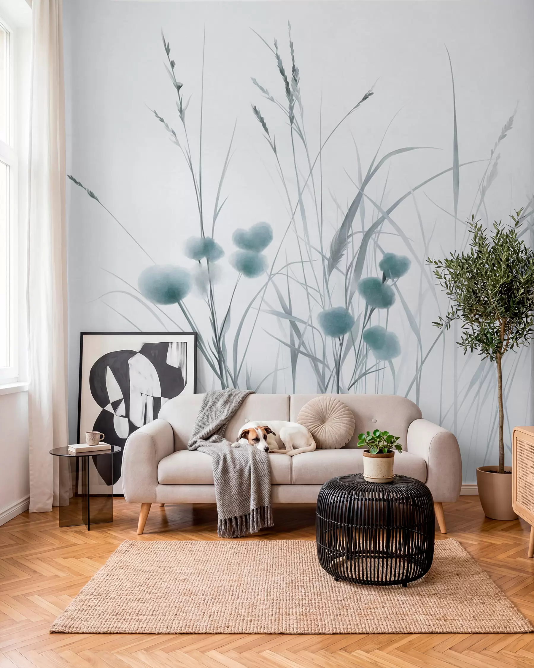 fototapeter Høyt gress og små blå villblomster mot en lys bakgrunn, i en strukturert boho-stil w09902v1