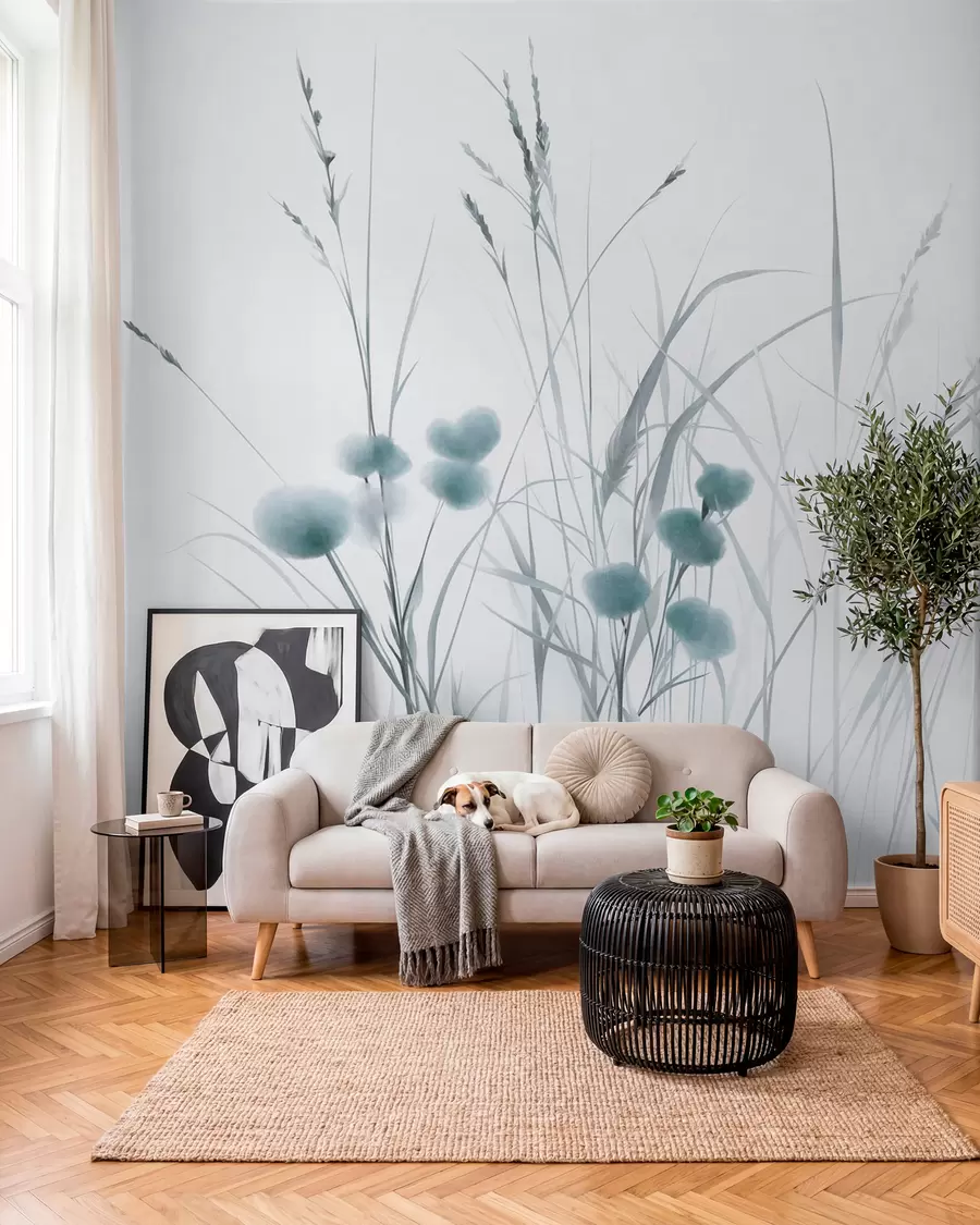 fototapeter Høyt gress og små blå villblomster mot en lys bakgrunn, i en strukturert boho-stil w09902v1